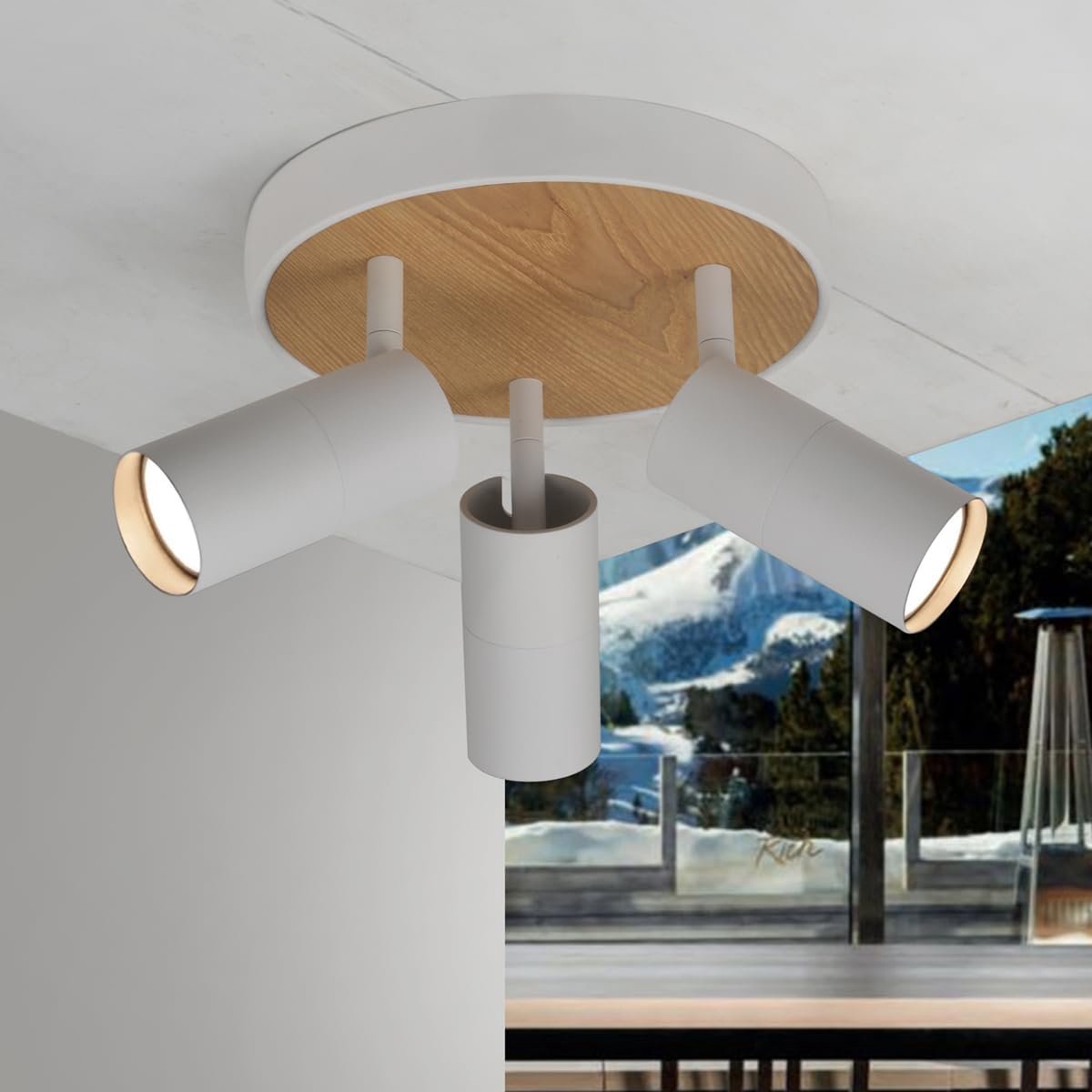 Plafondspot met 3 lichtpunten, wit, houten plafondlamp, draaibaar, vintage design, voor keuken, woonkamer, slaapkamer, hal, eetkamer, kamers, restaurants
