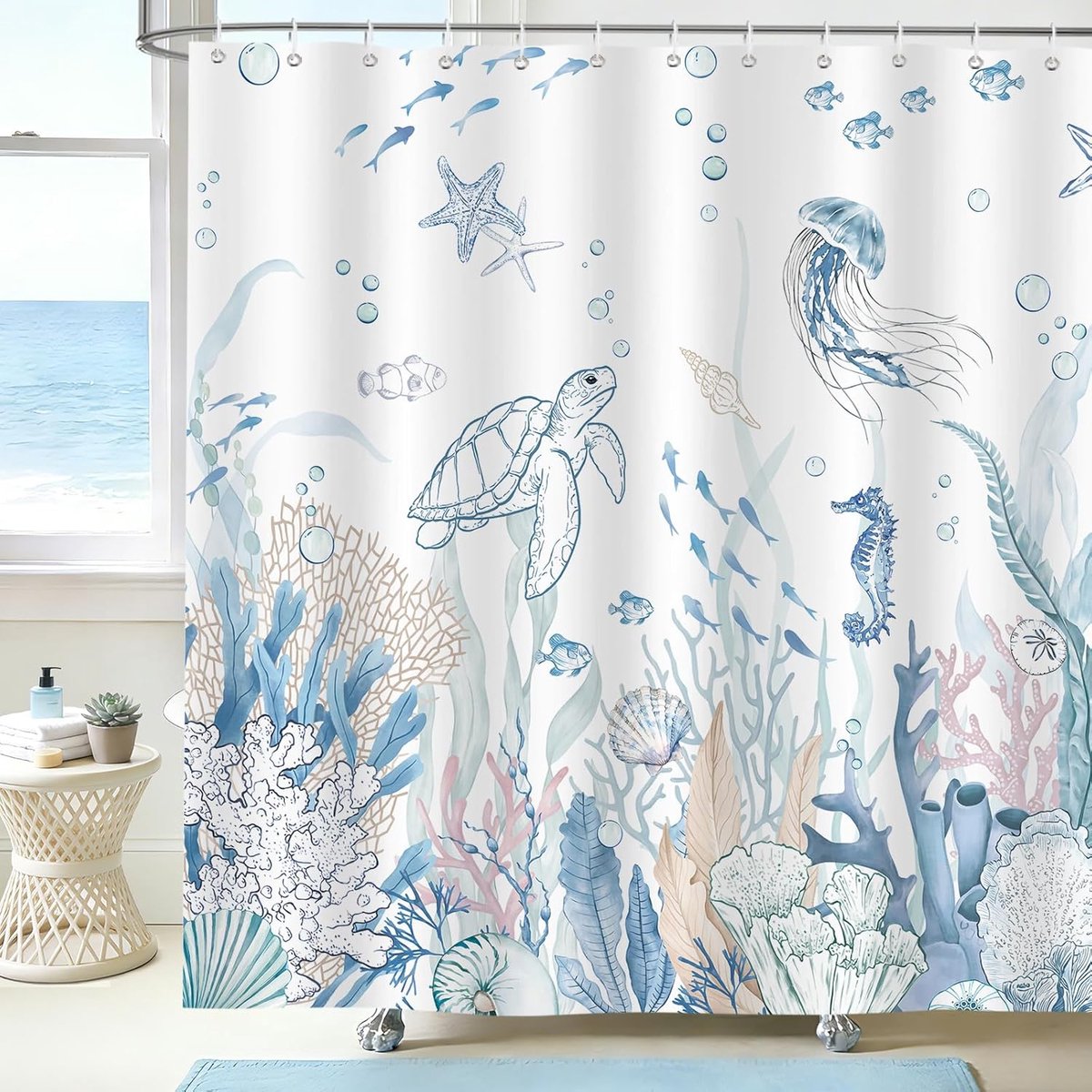 Douchegordijn, 180 x 200 cm, kinderen, zeeschildpad, kwal, zeepaardje, koraal, badgordijnen, polyester, waterdicht, voor badkamer, machinewasbaar, met 12 haken