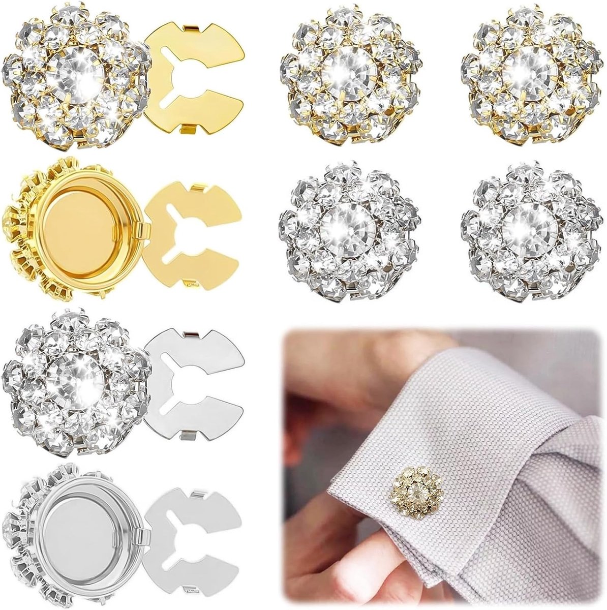 22 mm diameter, strass, strass, knopen, afdekking, afneembaar, voor naaien en doe-het-zelven, goud/zilver, 8 stuks