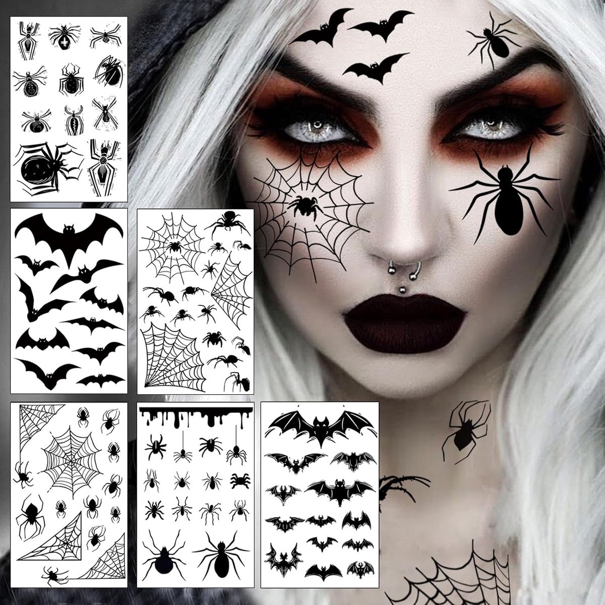 Tattoo, gezicht, 6 vellen grote maten, vleermuis, spinnen, tattoo, gezichtstattoo, vampier, heksen, kostuum, accessoires voor volwassenen en kinderen, voor Halloween, maskerade, carnaval
