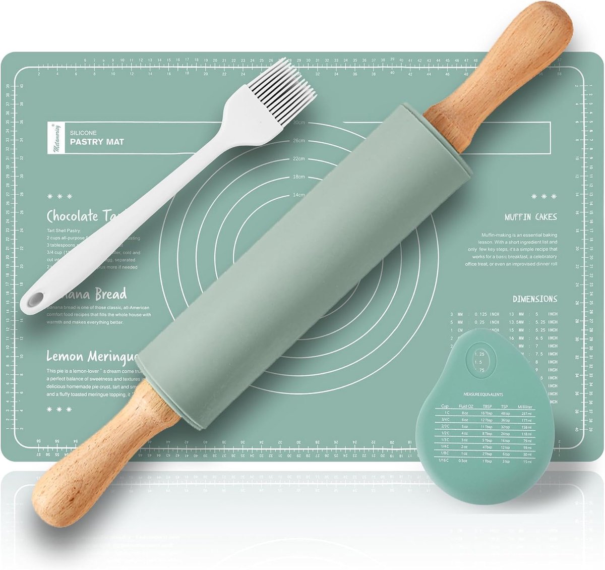 Deegroller- en siliconenmat, set van 4, deegrollhout + deegmat + kwast, gemakkelijk te reinigen bakmat siliconen (60 x 40), 38 cm deegroller (groen) (groen)