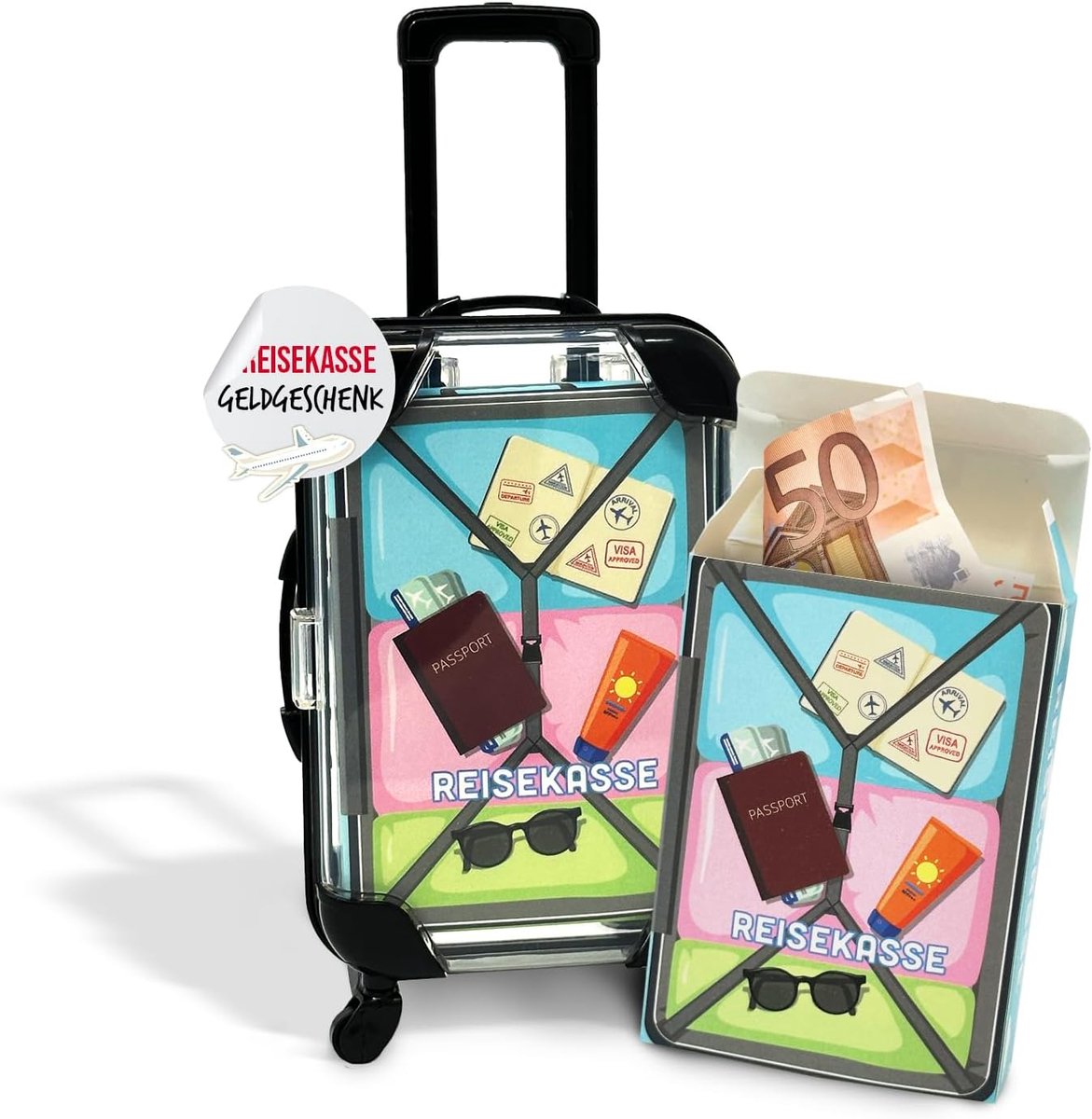 Geldcadeau, reiskoffer in miniatuur voor de vakantie, reiskas om brandmerk te geven
