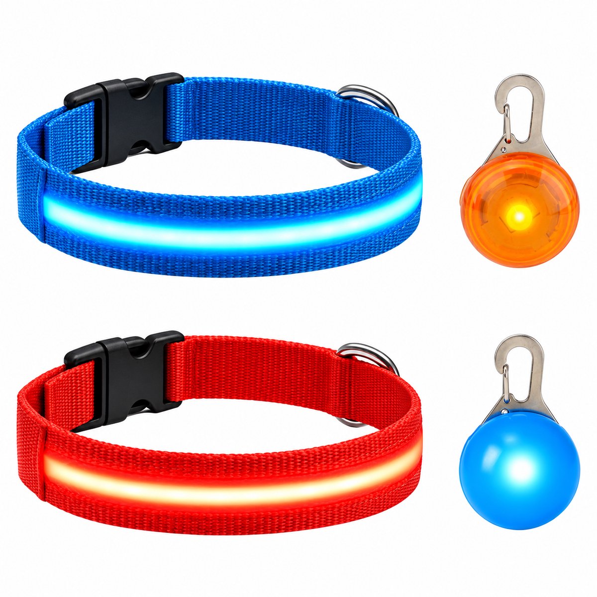 Professor Q LED Halsband Set Hond - Blauw/Rood XL (42–56 cm) - 2 Halsbanden + 2 Lampjes - Nylon USB Oplaadbaar