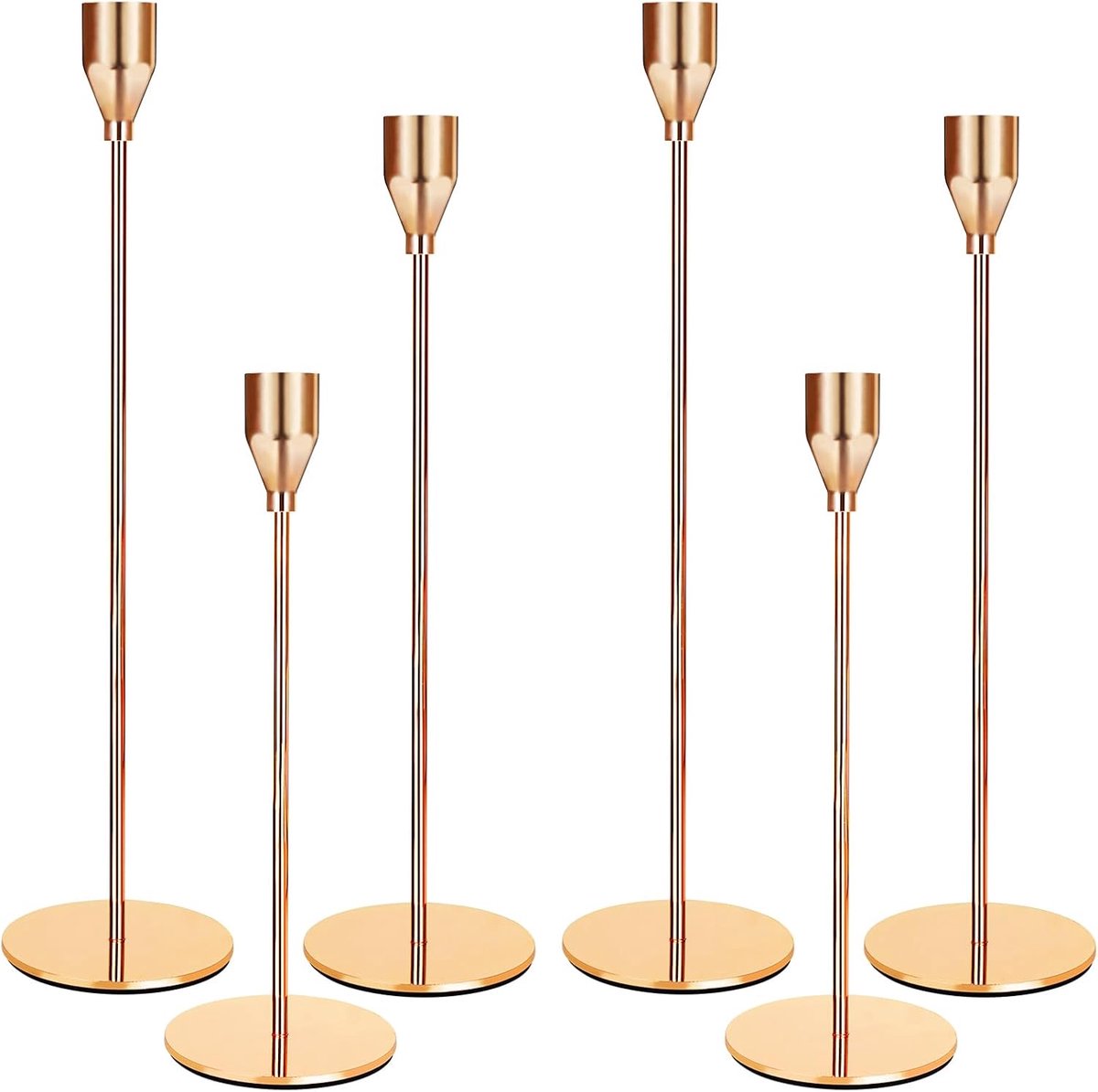 6-delige set, 6 gouden kandelaars, conische kandelaar in 3 verschillende hoogtes. Kandelaarkaarsen zijn geschikt voor bruiloften, verjaardagsfeestjes en diners bij kaarslicht
