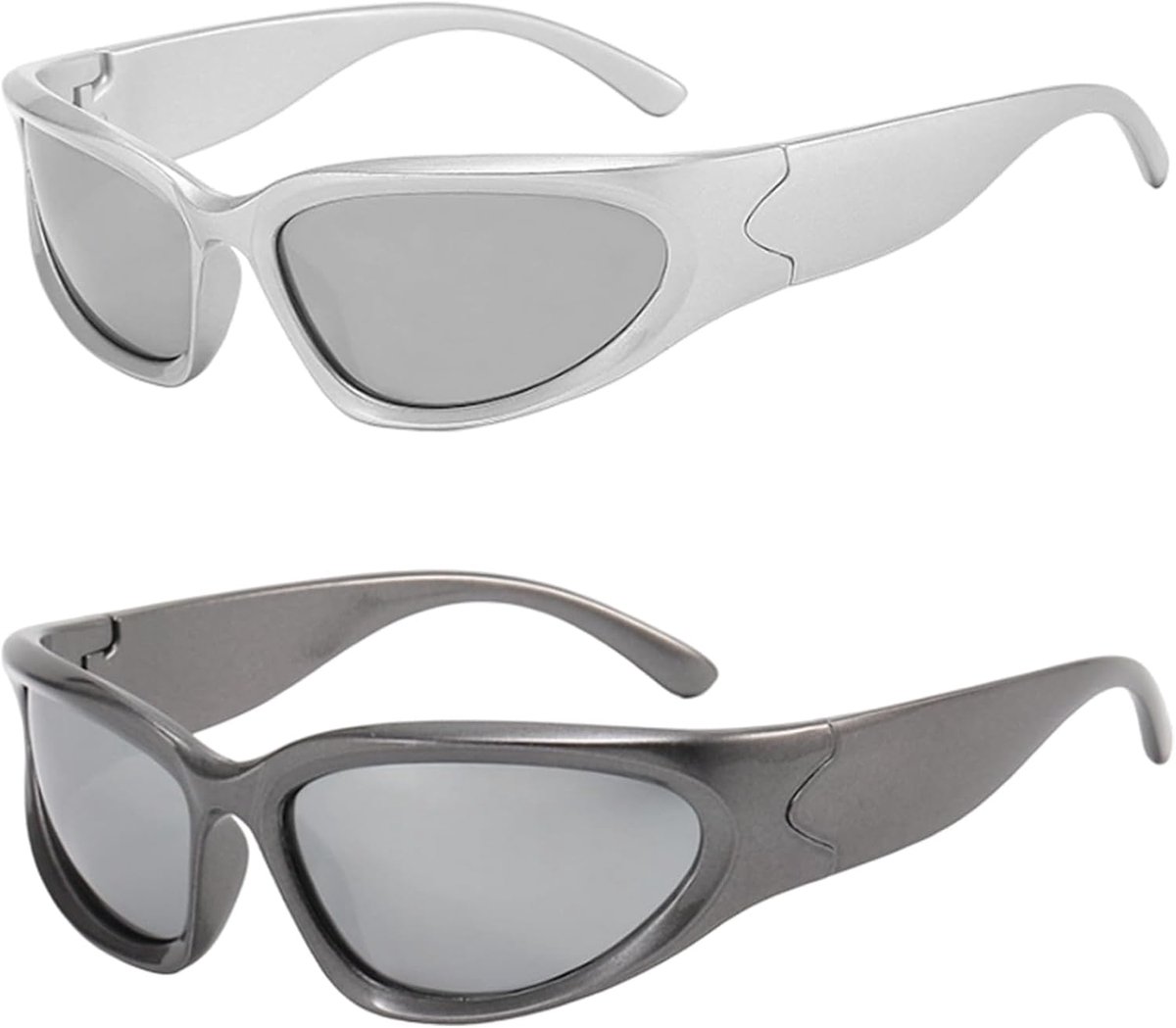 2 stuks zonnebril voor dames en heren, lichtgewicht Wrap Around UV400 zonnebril, gepolariseerde sportbril, rechthoekige rave bril, trendy retro fietsbril (zwart en zilver)
