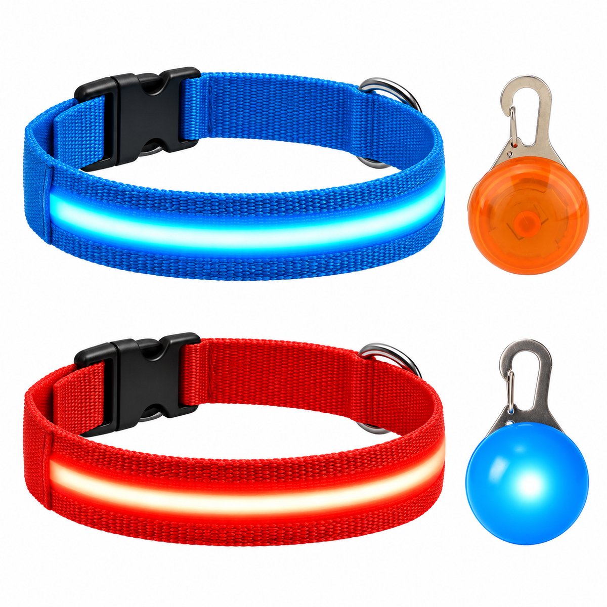 Professor Q LED Halsband Set Hond - Blauw/Rood L (41–52 cm) - 2 Halsbanden + 2 Lampjes - Nylon USB Oplaadbaar