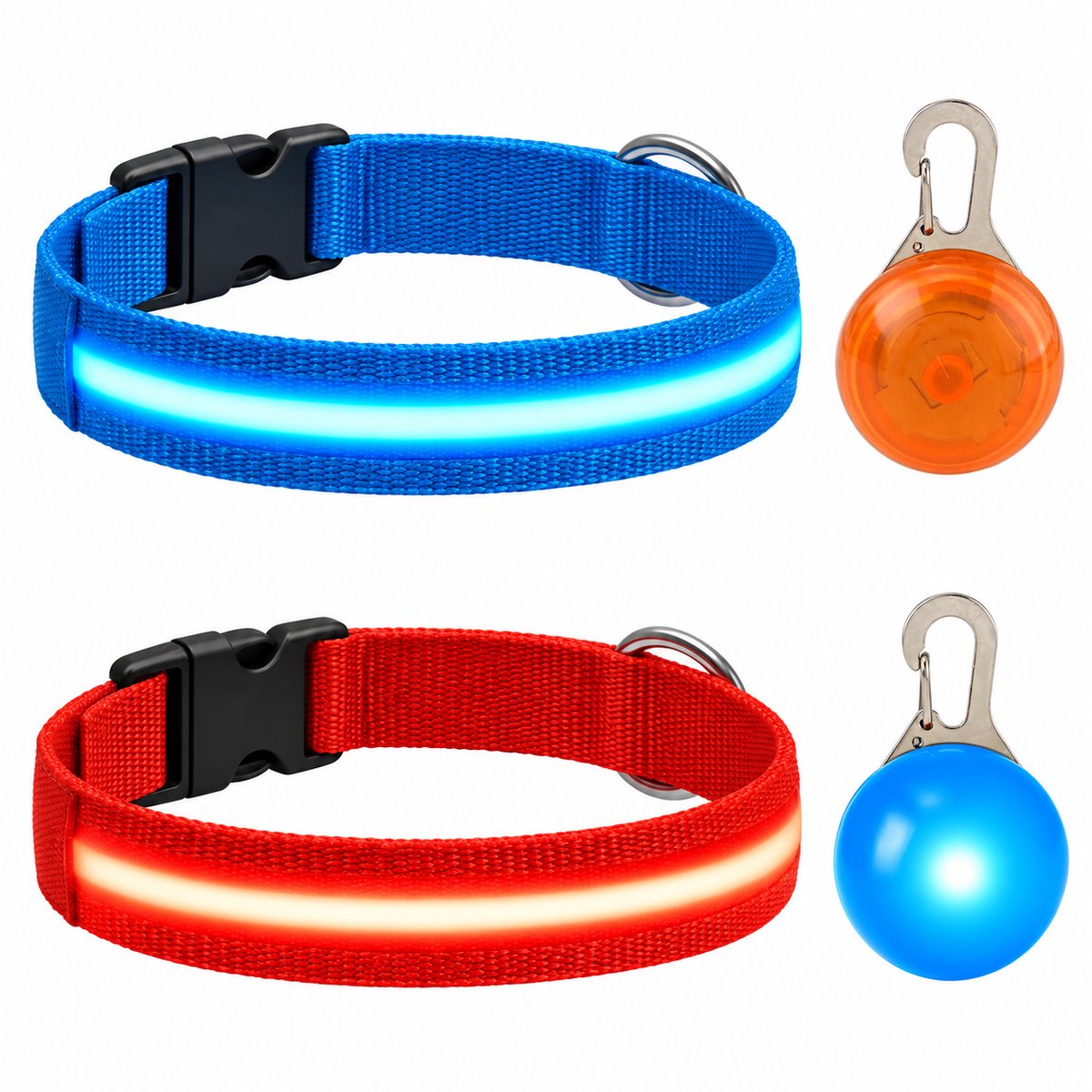 Professor Q LED Halsband Set Hond - Blauw/Rood M (37–46 cm) - 2 Halsbanden + 2 Lampjes - Nylon USB Oplaadbaar