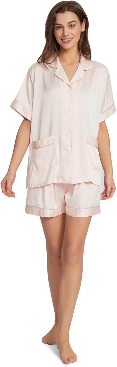Korte Mouwen Pyjamaset van Licht Elastisch Satijn – Zomer Maat S-2XL
