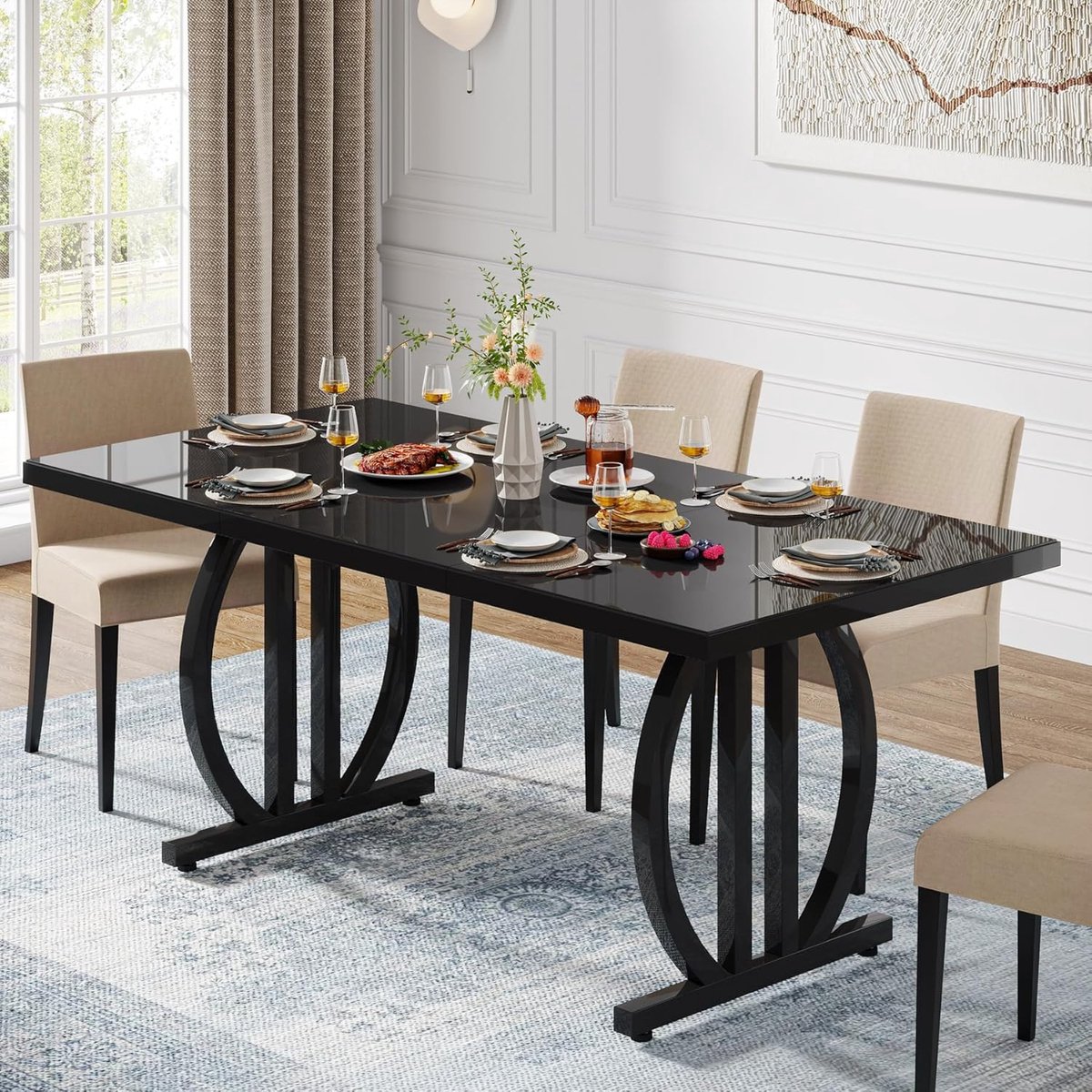 Eettafel voor 4-6 personen, 160 x 80 cm, zwarte eetkamertafel met zwaar metalen frame, moderne industriële rechthoekige keukentafel, eettafel voor de keuken thuis