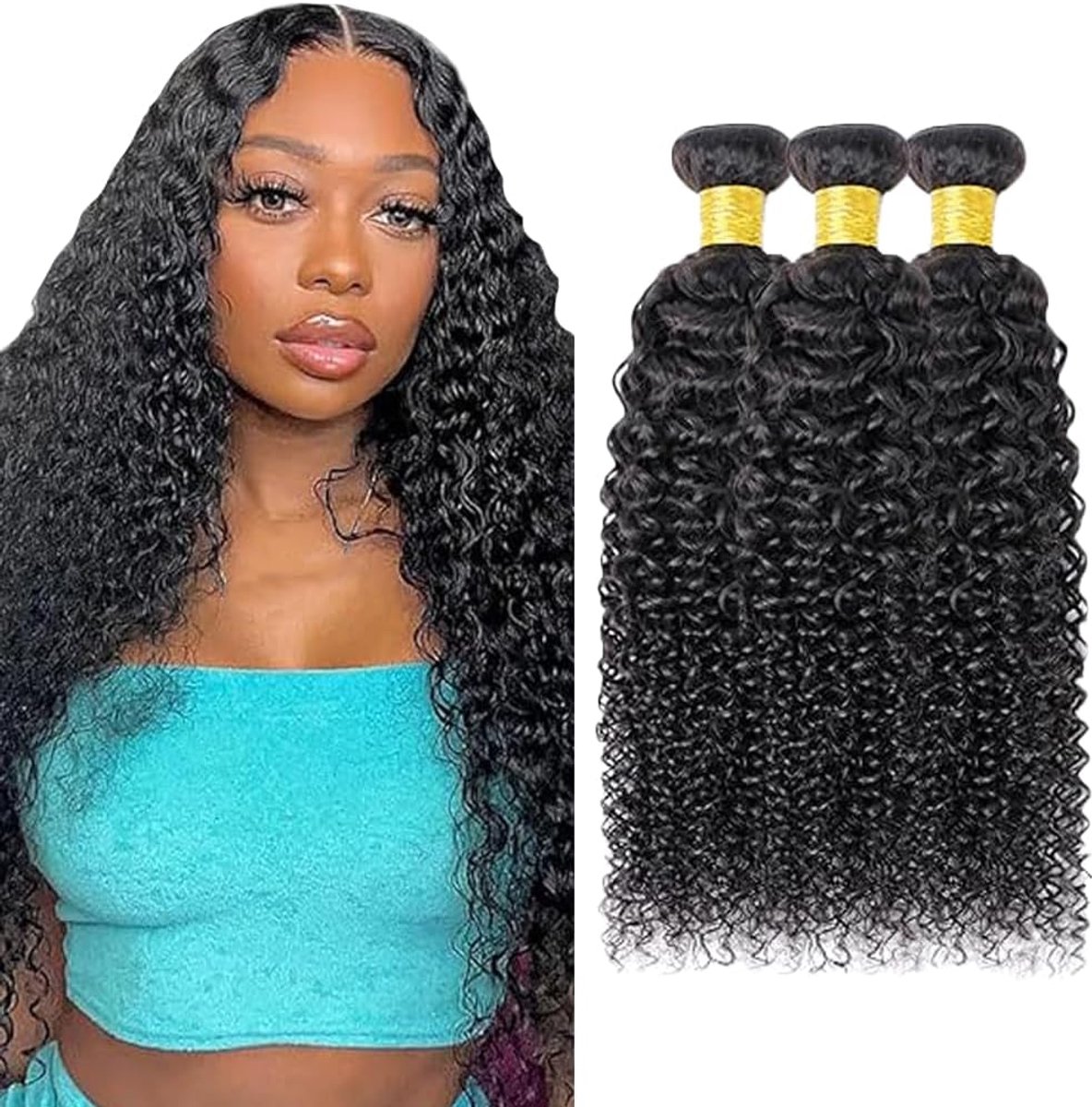 24 24 24 Inch Peruik Dames Bundles Human Hiar Unprocessed Brazilian Virgin Kinky Curly Human Hair Extensions #1B Natural Black Mensliches Haar Bundle With Minimal Shedding