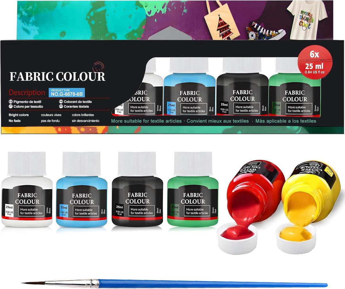 Paint, textielverf, wasbare stofverf voor kleding, T-shirt, jeans, stof, canvas, glas, crème, hout (6 kleuren)