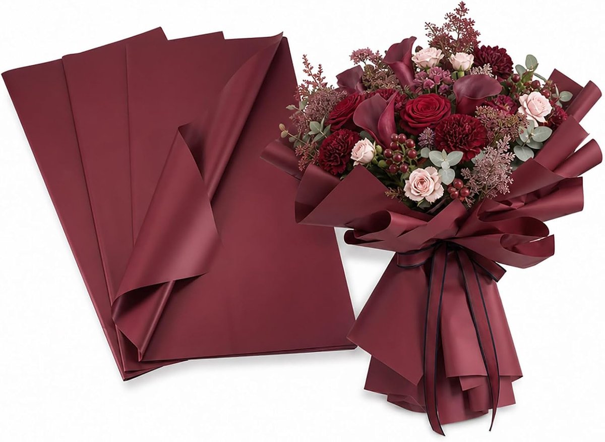 20 stuks Waterdicht Bloem Inpakpapier 560x560mm Bloemist Papieren Vierkant Bloemen Wrap Papier Voor Gift Boeket Verpakking Bruiloft Verjaardagsfeest Decoratie, Donkerrood