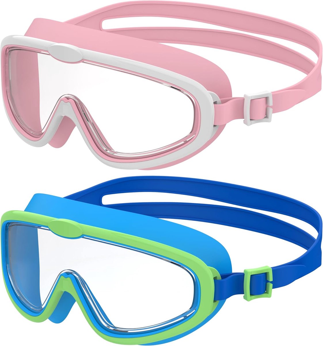 2 stuks zwembril met groot frame voor kinderen, anti-condens-maskers met helder zicht, uv-bescherming, snelle instelling, siliconen afdichting, uniseks bril voor kinderen en jongeren van 3 tot 14, M