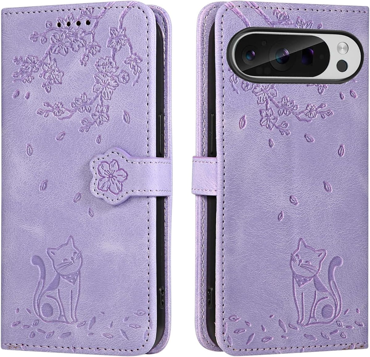 Beschermhoes voor Google Pixel 10, dun, zacht, PU-leer, beschermhoes met magneetsluiting, flip portefeuille, beschermhoes voor Google Pixel 10 Pro, paarse kat