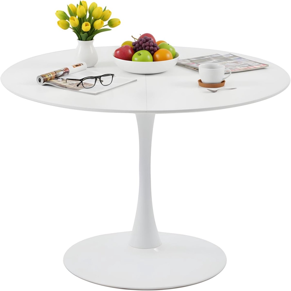 Eettafel, wit, diameter 110 cm, voor 4 tot 6 personen, ronde tafel, modern, met metalen voet, voor keuken, woonkamer, restaurant, café, kantoor, wit