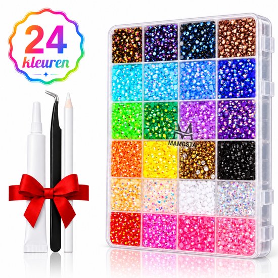 Boîte de rangement transparente avec 24 couleurs de strass, avec colle et pincettes.