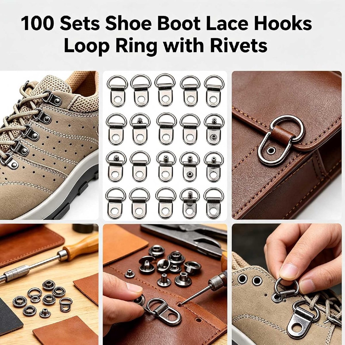 100 sets schoenlaars veterhaken, lusring met klinknagels, schoenlaarsgesp, D-ring oogje gesp messing schoen lederen tas DIY klinknagelgereedschap zwart 9x14mm (zilver)