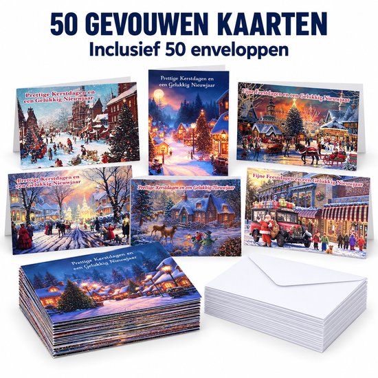 Stapel van 50 gevouwen kerstkaarten met wintertaferelen, inclusief 50 enveloppen.