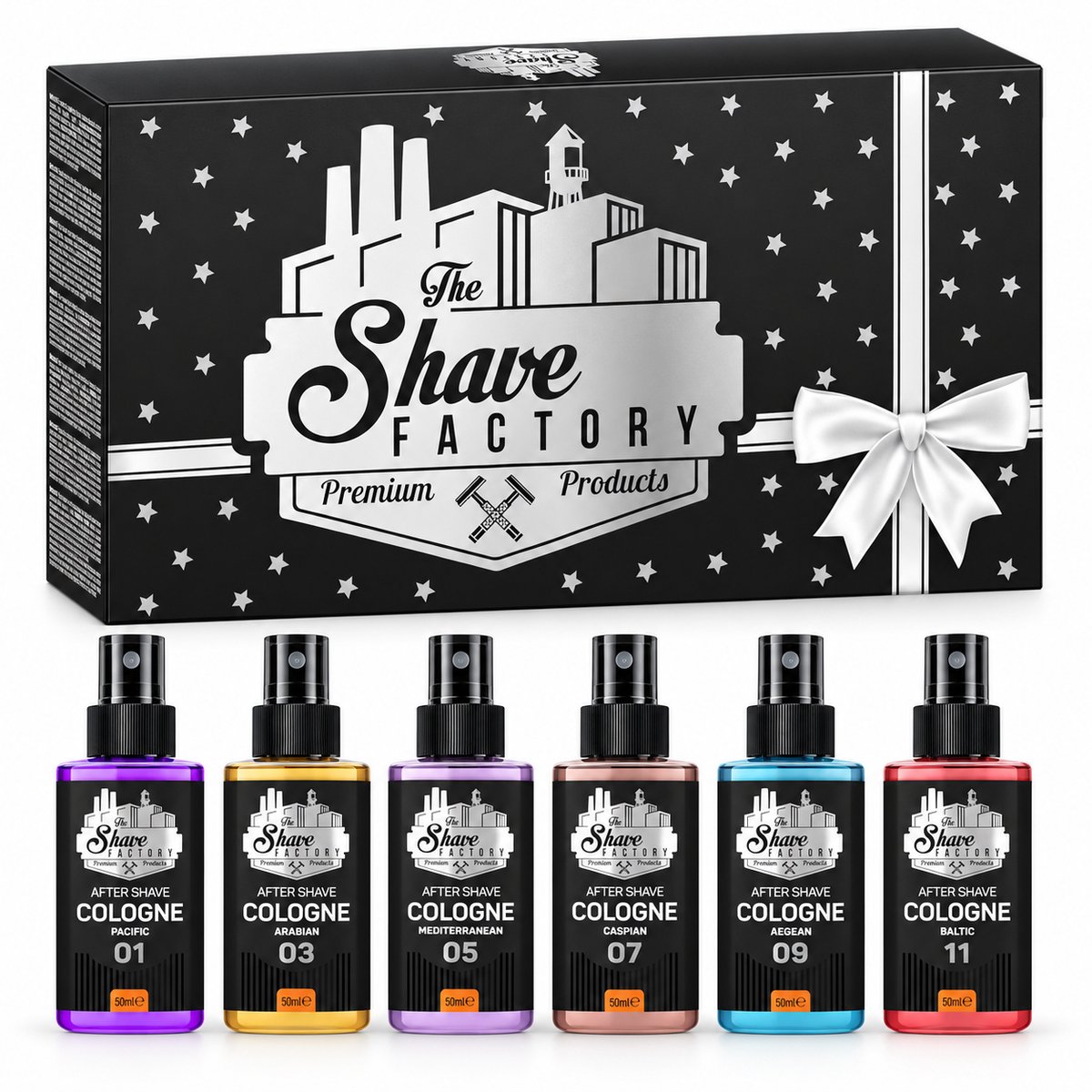 The Shave Factory After Shave Cologne Gift Set – 6 Geuren – Pacific, Arabian, Mediterranean, Caspian, Aegean & Baltic – 6 x 50 ml