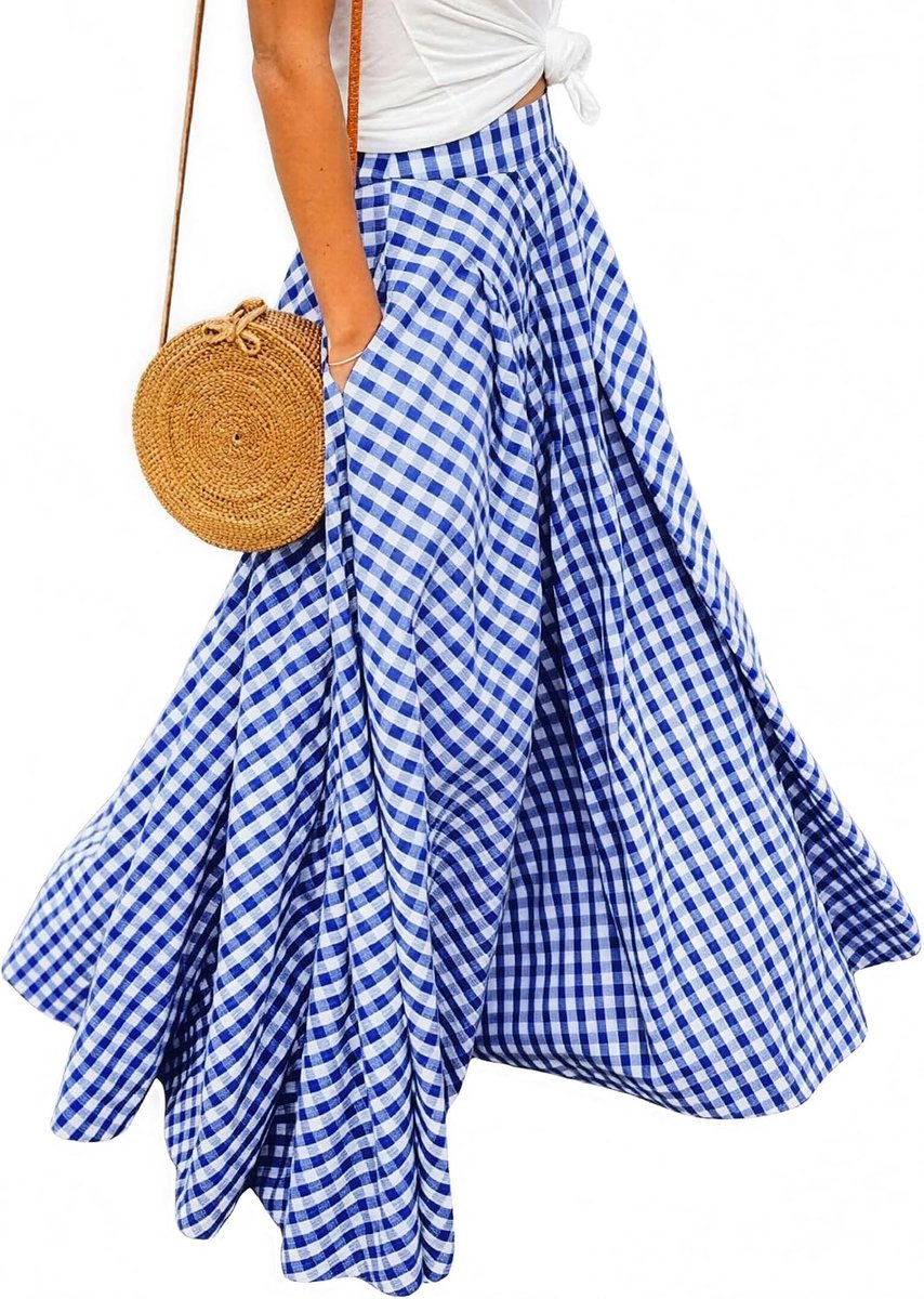 Broek Dames Ruit Hoge Taille Maxi Strand A-Line Rok met Zijzakken