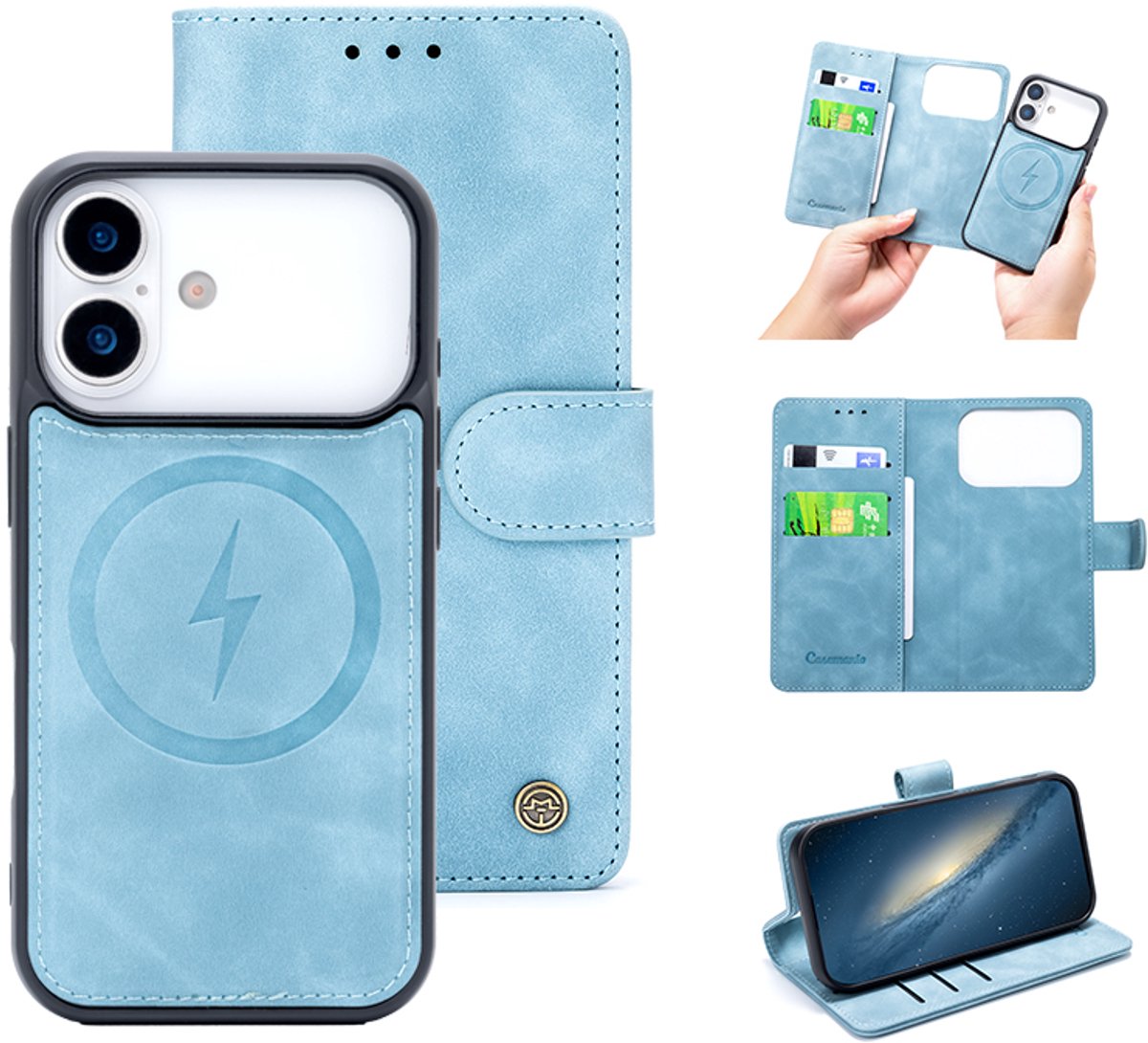 Casemania Hoesje Geschikt voor Apple iPhone 18 Pro - Aqua Blue - Kunstleer 2 in 1 Afneembare Bookcase - Geschikt voor MagSafe - Magnetische Telefoonhoesje met Pasjeshouder en Standaardfunctie