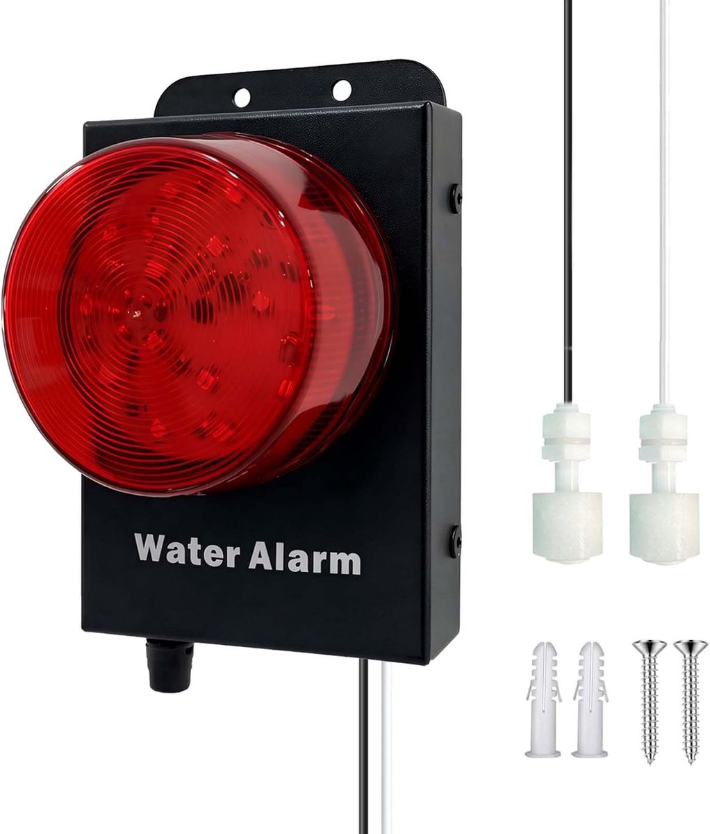 hoog/laag waterniveausensor met 5 m dubbele vlotterschakelaar, 120 dB rood alarm met stroboscoop, volume instelbaar, voor watertank/aquarium/schacht/kelder