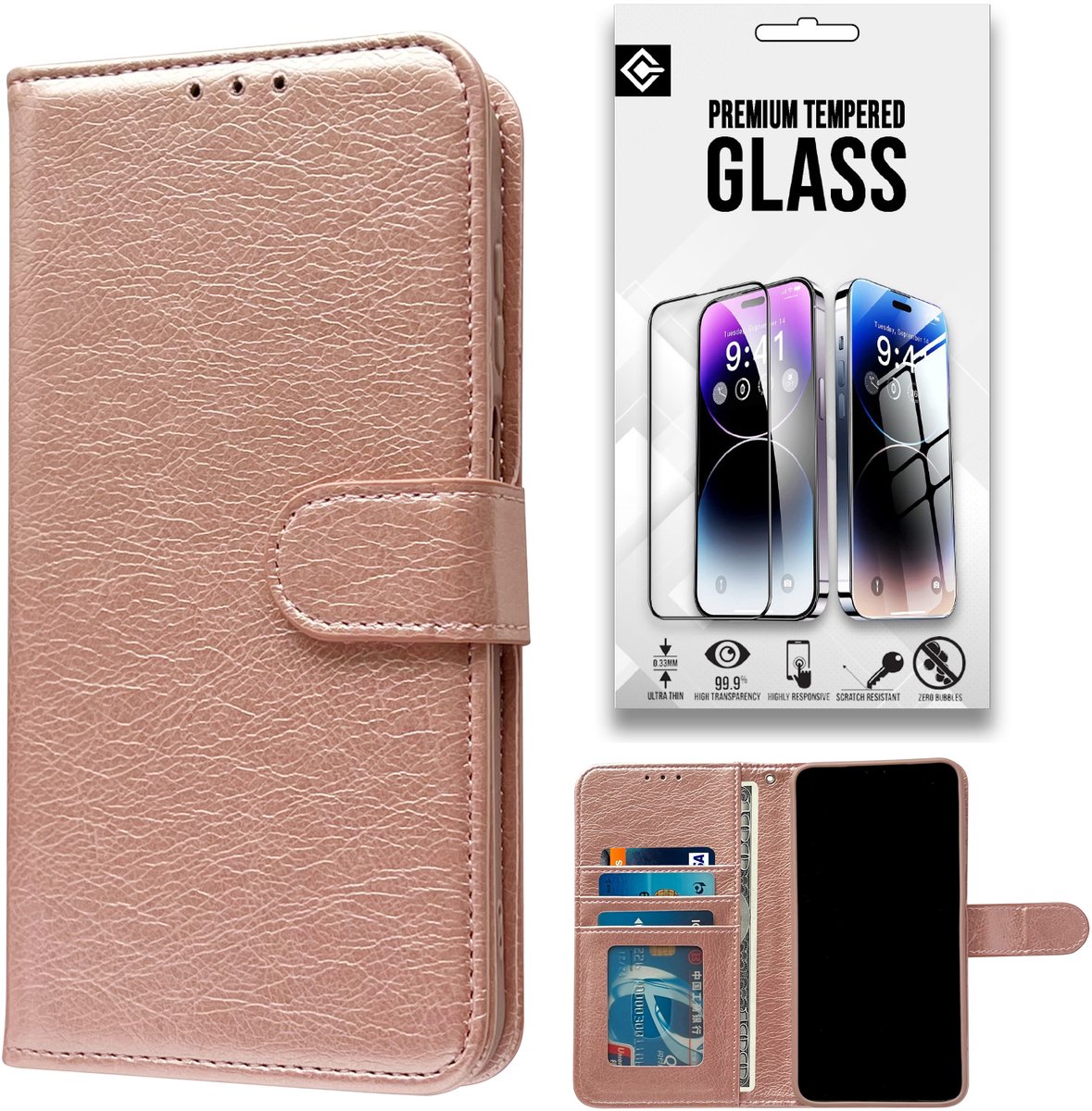 Casemania Hoesje en Glas Geschikt voor Apple iPhone 18 Pro - Rosegoud - Luxe Portemonnee Book Case met Pasjeshouder - Wallet Case Telefoonhoesje - 1x Tempered Glazen Screenprotector