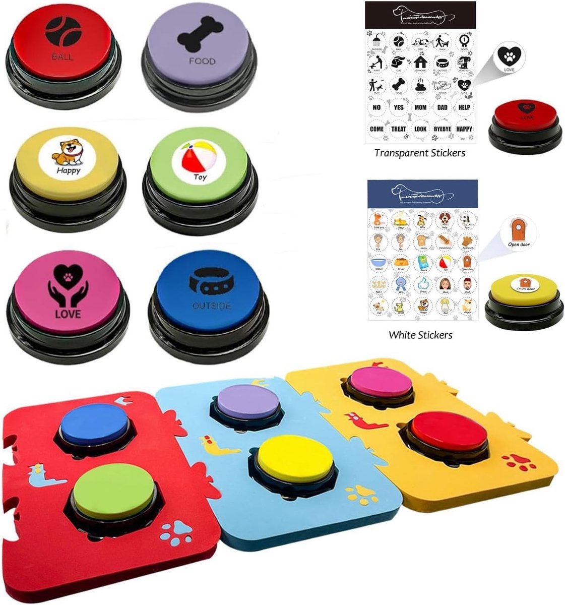 Praatknop hond - 6 kleuren - Inclusief 3 matten en 50 stickers - Opname en afspeelfunctie voor training van huisdieren