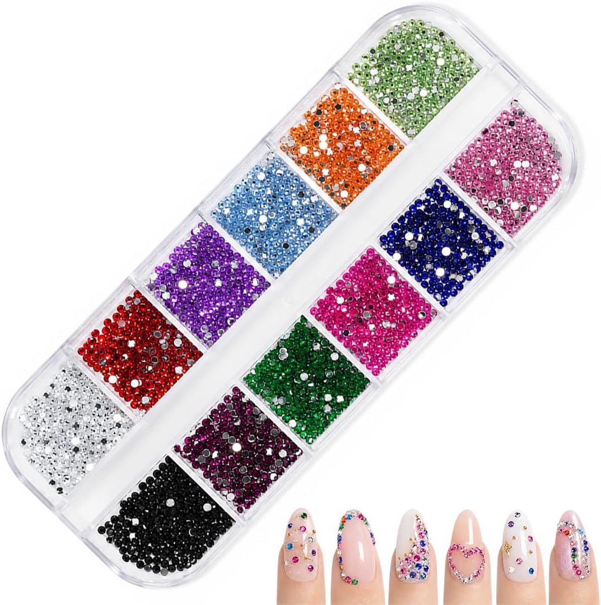 1 x doos 2 mm gekleurde strass-steentjes zelfklevende nageldecoratie (gemengd pakket)