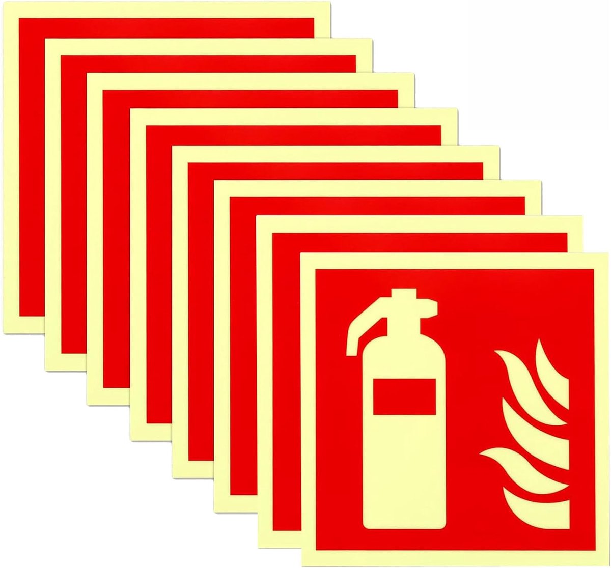 8 stuks borden brandblusser oplichtend, pvc, zelfklevende brandblusser-stickers, brandbeveiligingsbord 15 × 15 cm, voor kantoor, huis, bouwplaats