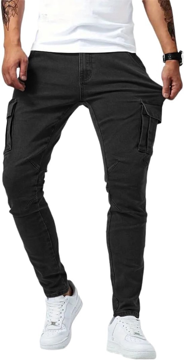 Jeans heren slim fit cargobroek heren jeans werk elastisch met 6 zakken casual broek