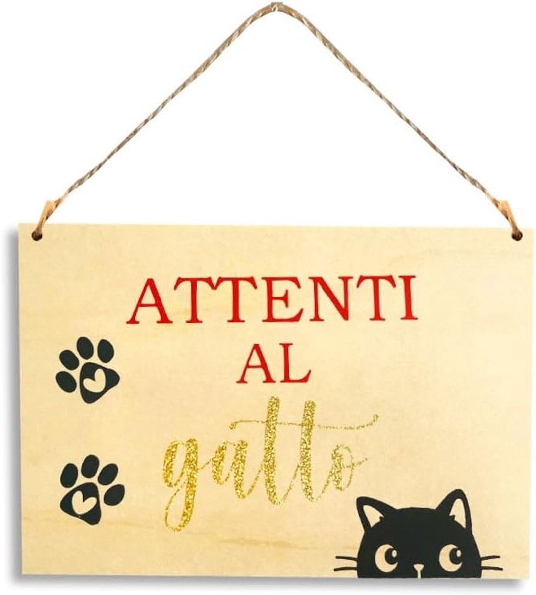 houten bord Aandacht voor de kat, waarschuwingsbord voor de kat, ironisch bord