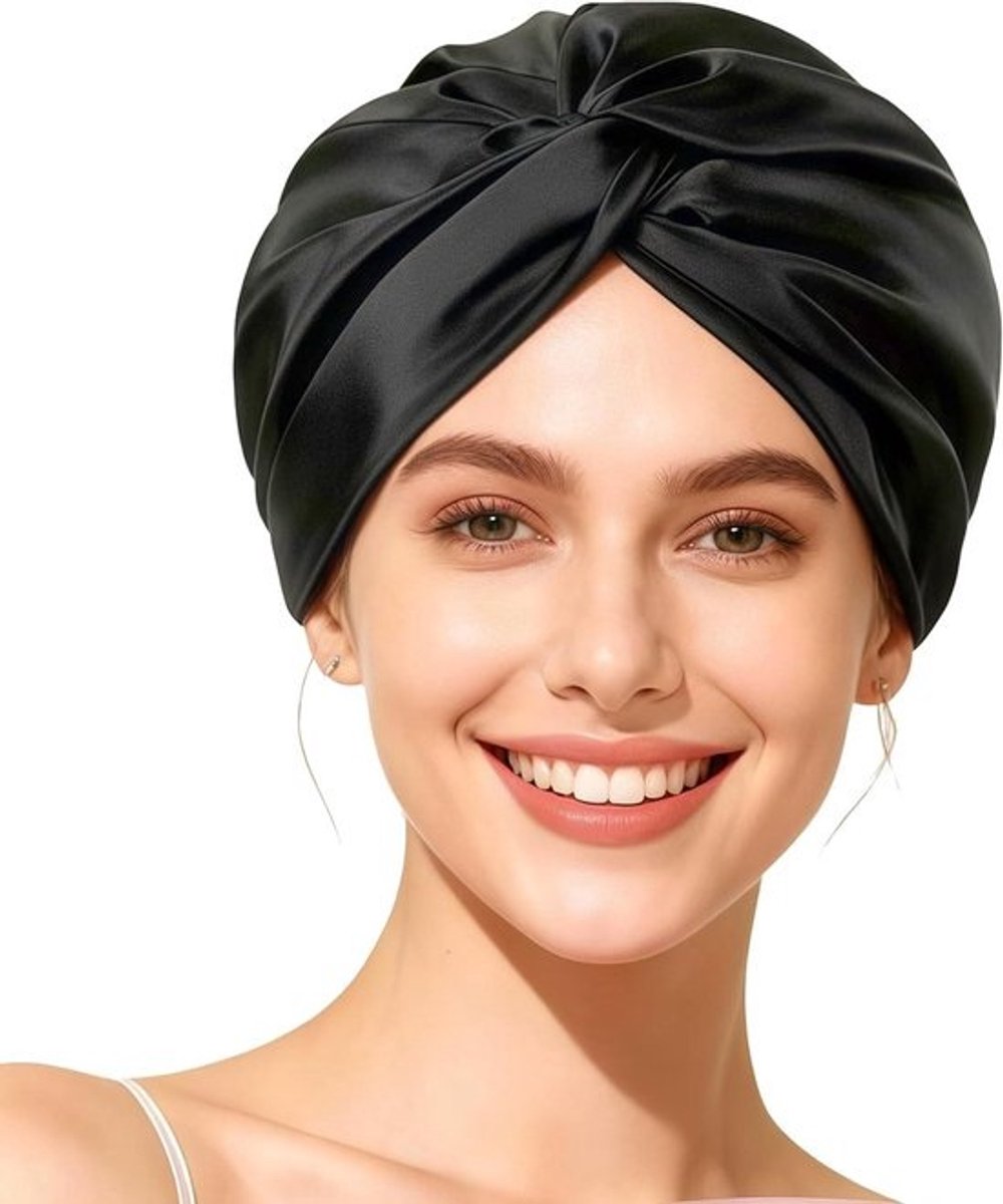 Satijnen Slaapmuts - Haarmuts Nachtmuts - Bescherming Haar - Verstelbaar Design - One Size - Zwart