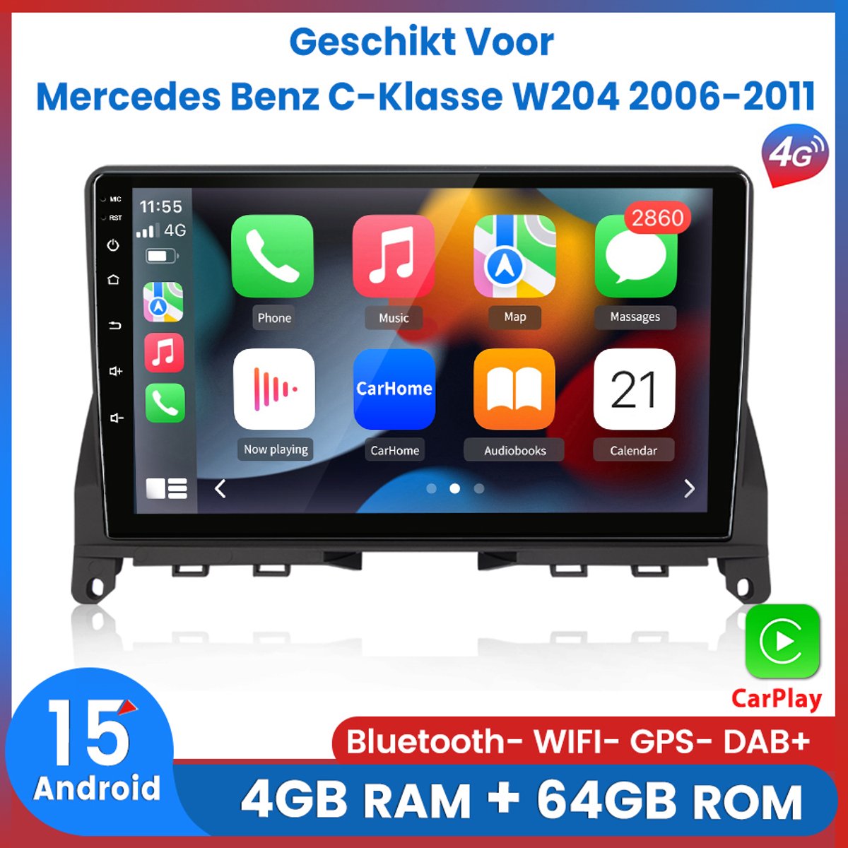 Awesafe 4GB & 64GB 8-Kern V1PRO Autoradio - Geschikt Voor Mercedes Benz C-Klasse W204 2006 t/m 2011 - Android 15.0 Systeem - Draadloos Apple Carplay & Android Auto - GPS Navigatie Bluetooth FM RDS DSP 4G Wifi - 2006 2007 2008 2009 2010 2011