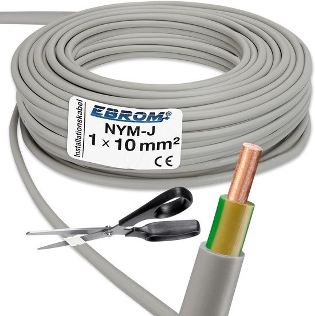 Mantelleiding aardingskabel - Stroomkabel elektra - Vaste installatie - Koperen geleider - 10 mm² doorsnede - Grijs