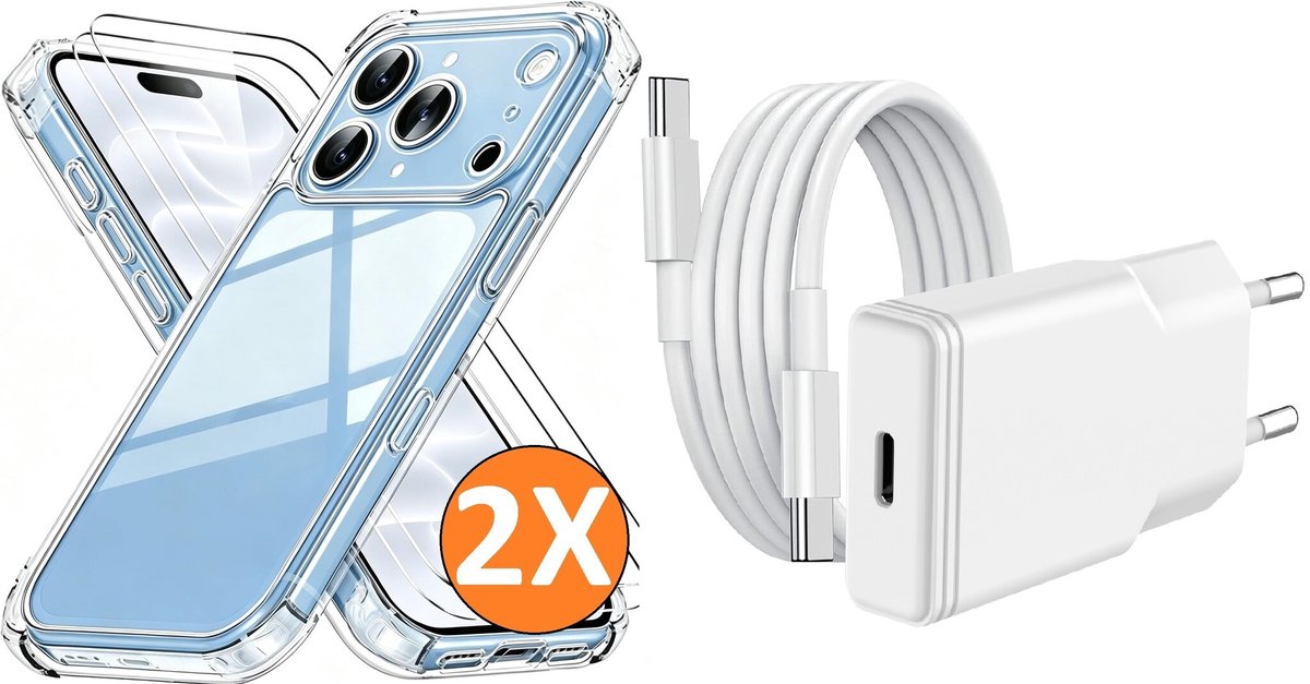 USB C Adapter 20W - USB C Snellader Met 1M USB C Kabel - Hoesje Geschikt voor iPhone 18 Pro transparant Anti Shock silicone hoesje met 2x screenprotector- Ntech COMBI-SET