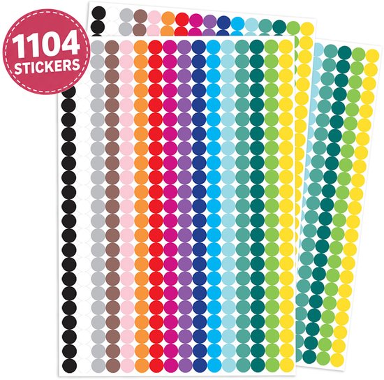 Vellen met 1104 ronde, gekleurde stickers in 16 kleuren. Zwart, grijs, bruin, roze, rood, oranje, geel, groen, blauw, paars, turquoise en meer.