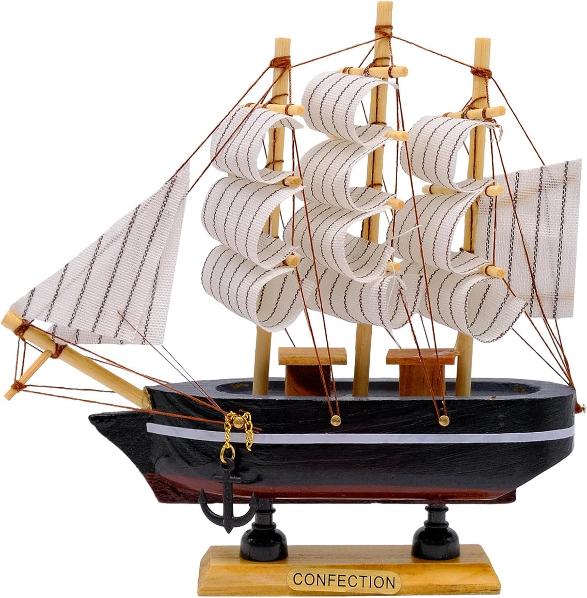 Dailygoods- Zeilschip Vintage Model - Houten Zeilboot - Decoratie 16 cm - Handgemaakt - Rood/Zwart - Perfect Cadeau - Decoratieboot
