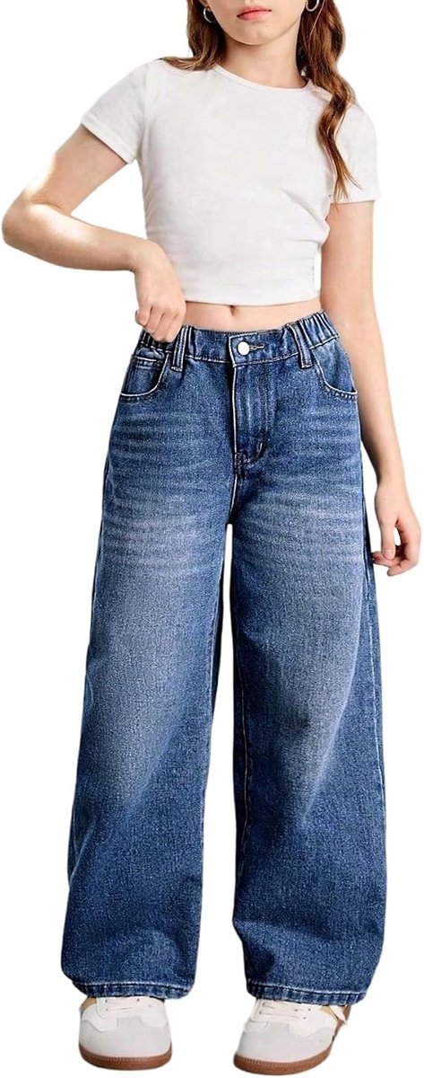 Jeans voor meisjes, jeansbroek met zakken, wijde pijpen, jeans met ritssluiting, hoge taille, denimjeans met knoop, casual broek