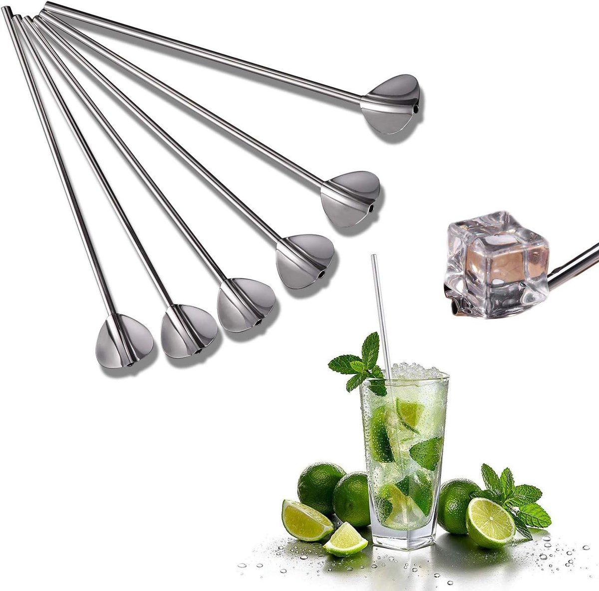 6 stuks roestvrij stalen rietjes/lepels - Herbruikbare metalen rietjes met lepel, lange latte macchiato lepels, cocktaillepels en drinkrietjes - Hartvormig (zilver)