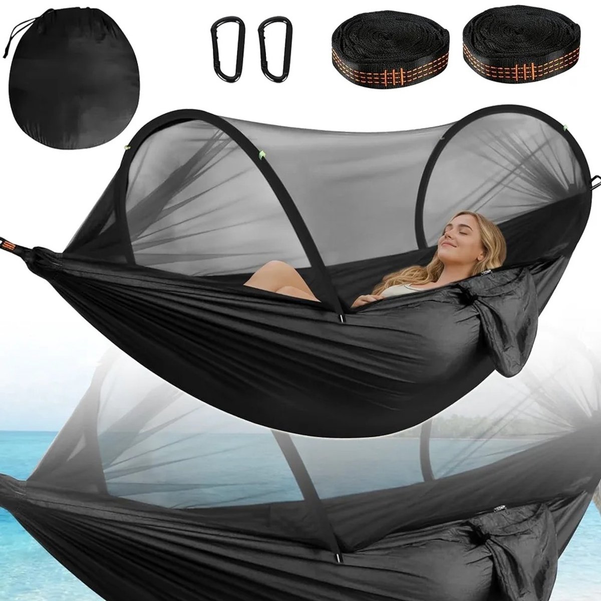 Molhaus Hangmat met Muggennet - 260 x 140 cm - Outdoor -Lichtgewicht - met Bevestigingsband en Karabijnhaken - Zwart - met Opbergtas