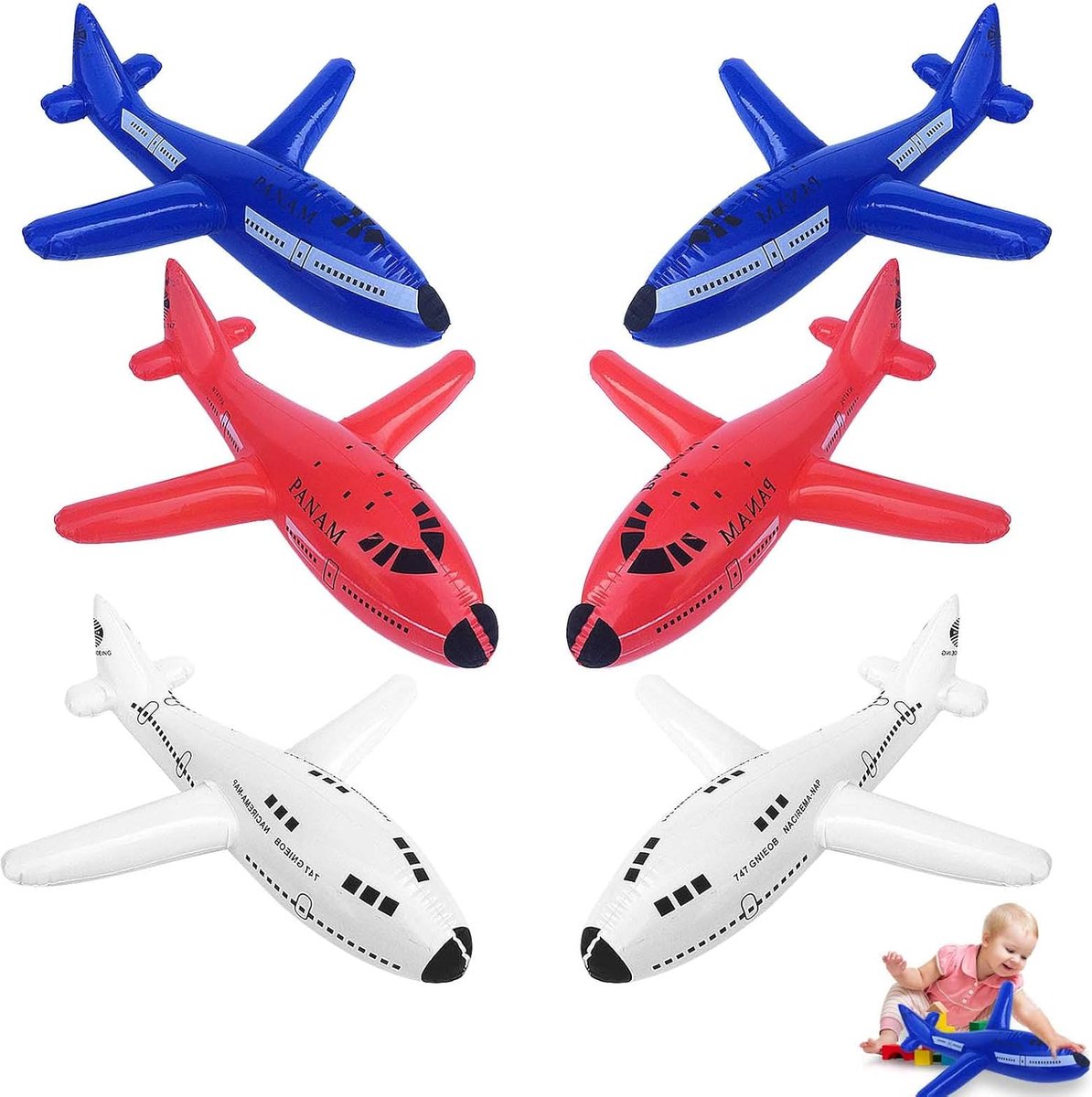 Dailygoods- Opblaasbare Vliegtuigen - 6-delige Set - Speelgoedvliegtuigen voor Kinderen - Geschikt voor Feestdecoratie - 20 Inch - Rood/Blauw/Wit