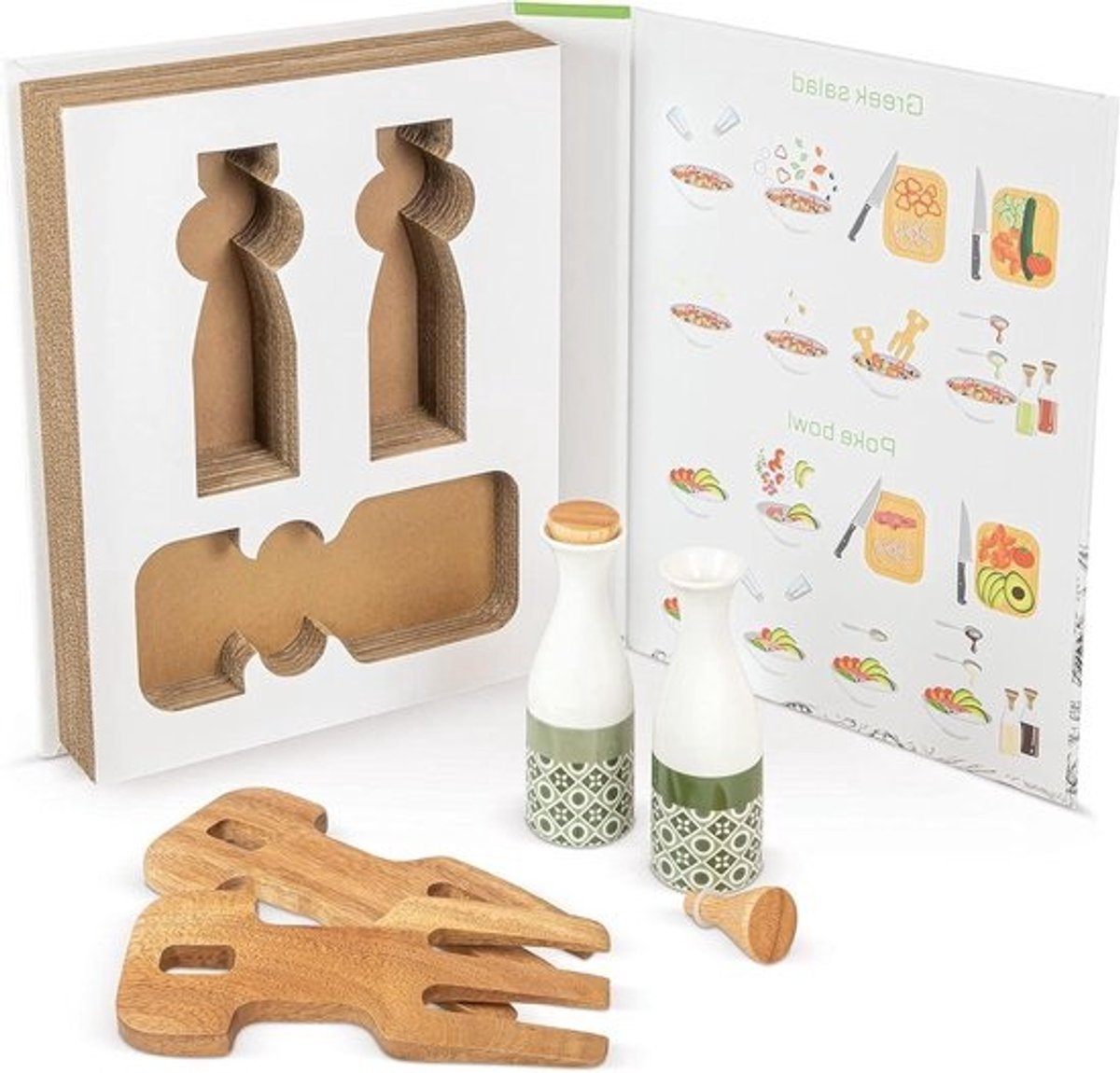Saladebestek set - Houten opscheppers - Maaltijden serveren - Met oliemengflesjes - 26 cm box - Natuurlijk hout