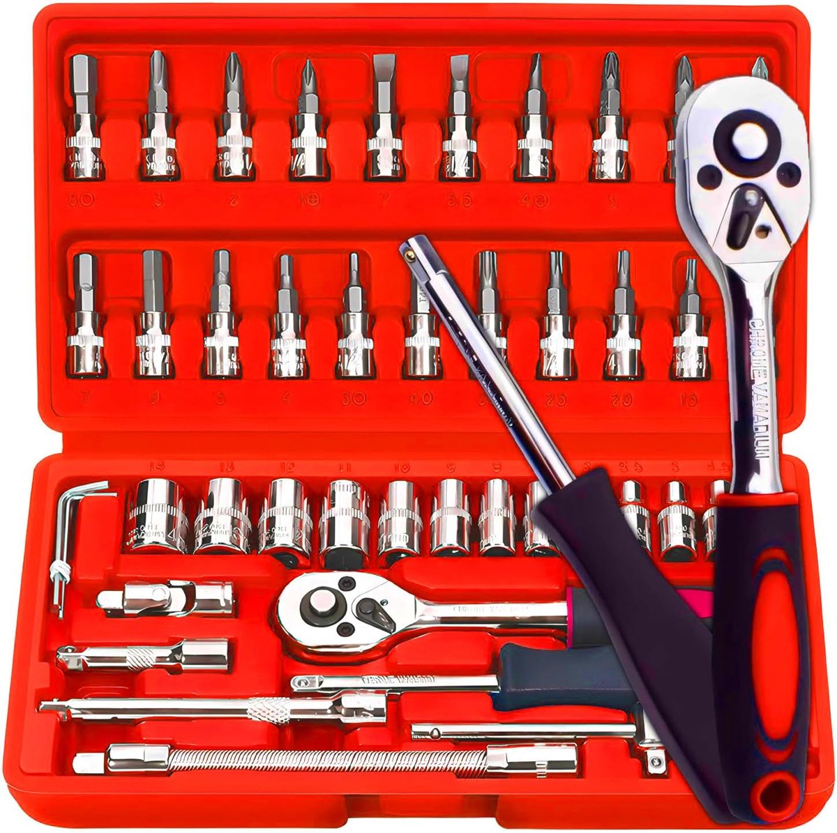 Dailygoods- Steeksleutelset 46-Delig - Ratchet Box - Moeren Set - Ergonomisch - Hoogwaardige Materialen - Geschikt voor Doe-Het-Zelf - Dopsleutelset