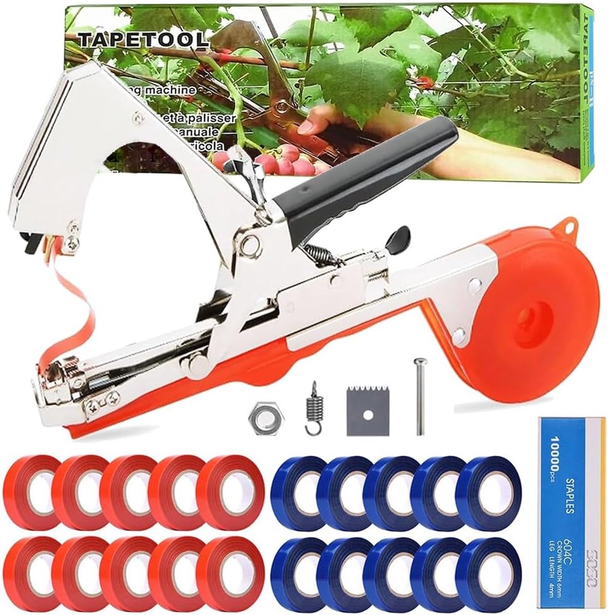 Dailygoods- Bindmachine Professionele Efficiëntie - Plantenbinder - 10.000 Klemmen - 20 Rollen Tuinband - Geschikt voor Wijnstokken - Vermindert Winds