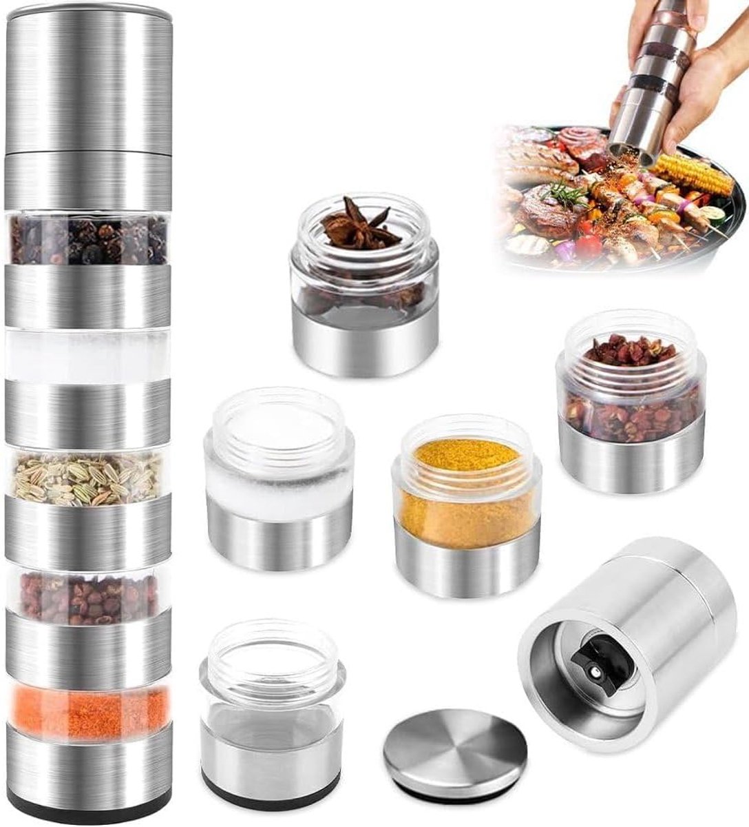 Dailygoods- Kruidenstrooier 5-in-1 - Mini-Kruidenpotjes - Draagbare Kruidenset - Keramisch Maalwerk - Transparant Design - Perfect voor Kamperen - Kru