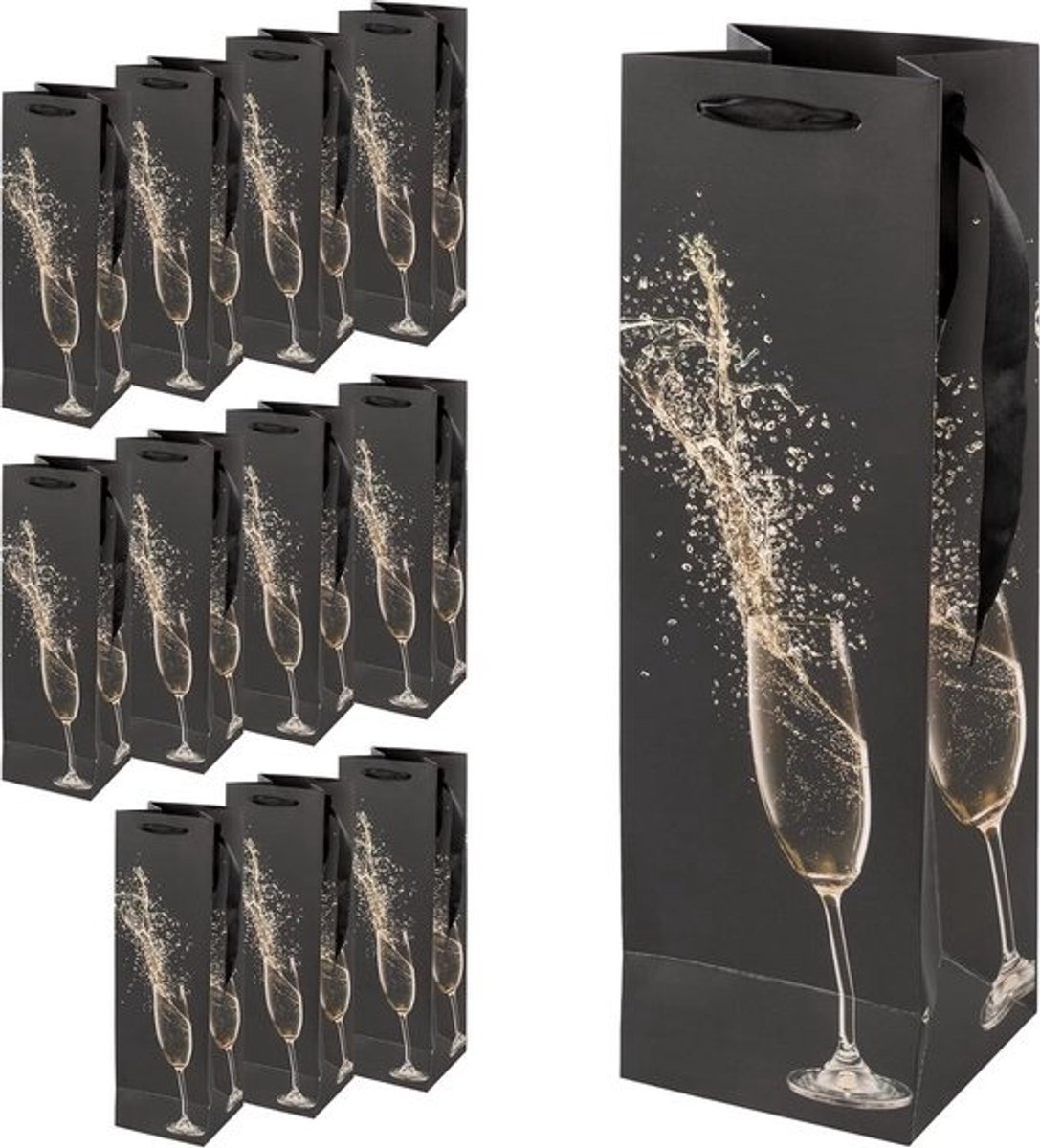 Fleszakjes - Geschenktasjes Wijntasjes - Cadeaus Inpakken - Met Champagne Motief - 39 x 12 x 10 cm - Zwart