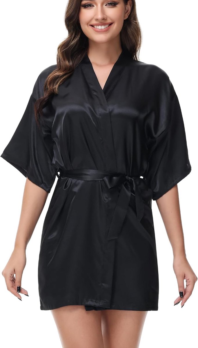 Kimono Sexy Dames,Ochtendjas Kimono-Gewaad Schuine V-Hals Korte Stijl Zomer Badjas Dames met Riem Nachtjas voor Bruiloft/Spa/Hotel