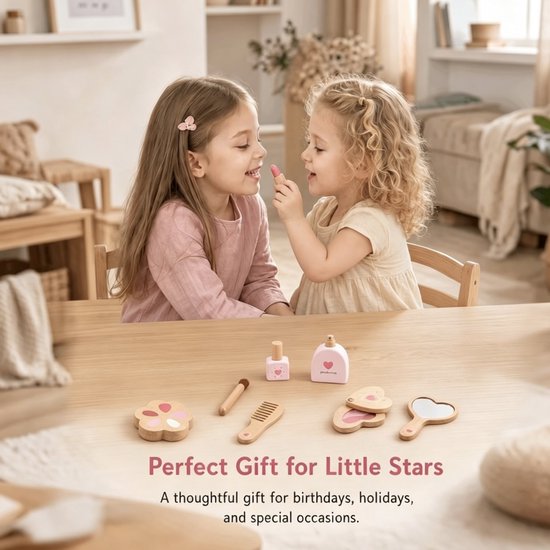 Houten Kinderschmink Set voor Meisjes – Complete Make-up Set met Tas – Rollenspel & Fantasie Speelgoed – Houten Speelgoed voor Meisjes van 3-7 Jaar – Cadeau voor Verjaardag en Kerstmis — afbeelding 5