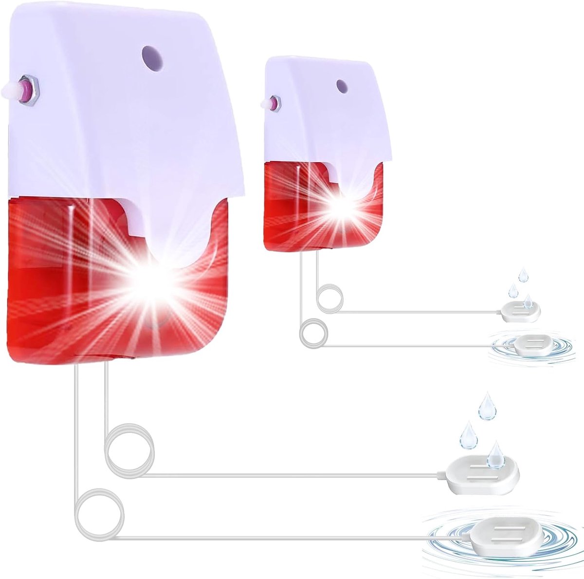 2-delige Waterlekmelder met dubbele sonde, 5-m-lange kabel per sonde, akoestische en visuele watersensor instelbaar tot 120 dB